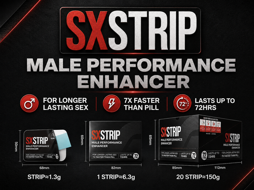 SXSTRIP male performance oral strips and product packaging